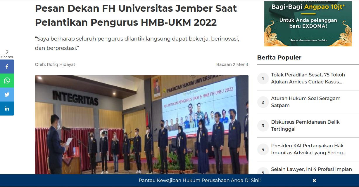 Pesan Dekan FH Universitas Jember Saat Pelantikan Pengurus HMB UKM 2022