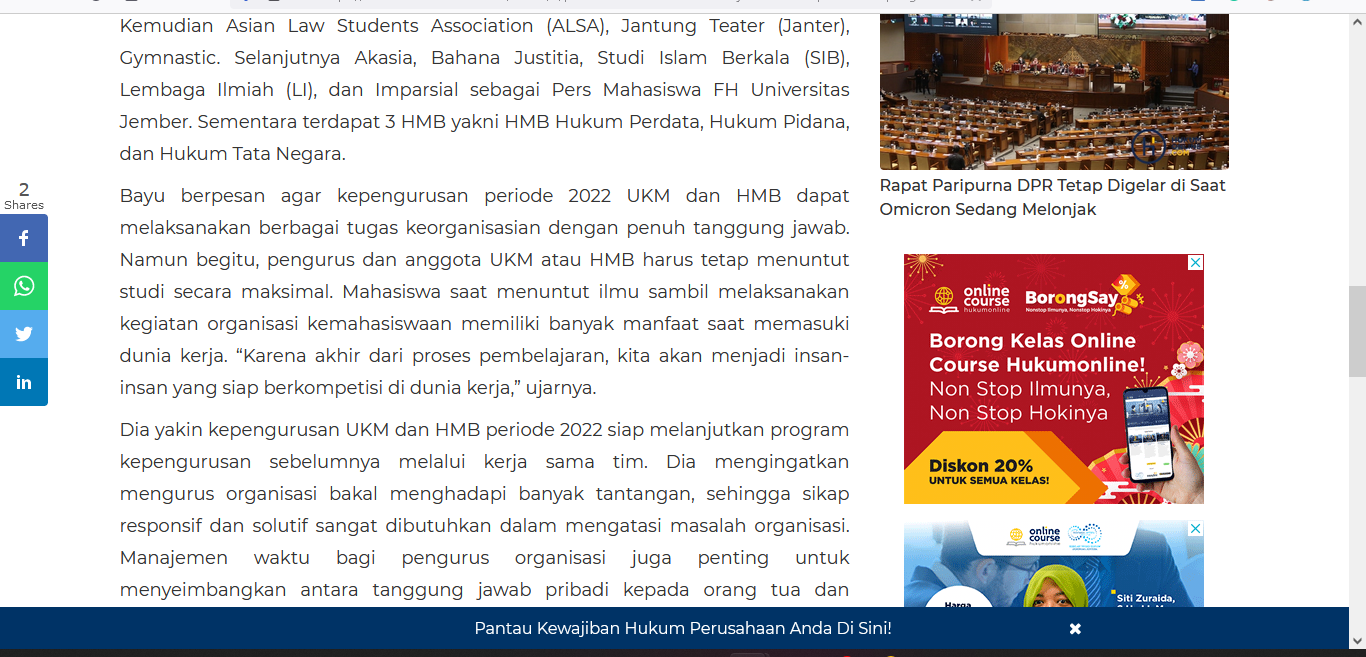 Pesan Dekan FH Universitas Jember Saat Pelantikan Pengurus HMB UKM 2022